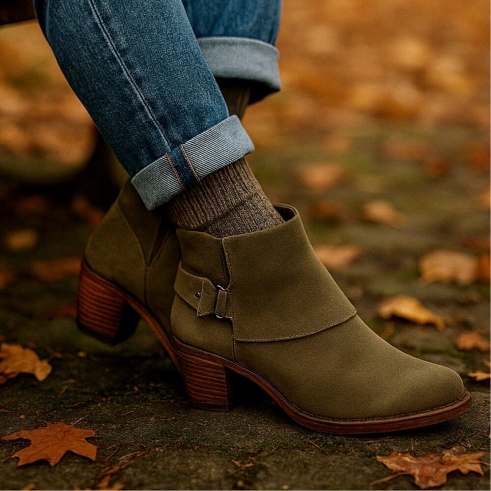 Alice+Olivia 8.5 Suede Caden Ankle Boots Gold Buckle Bootie Low Heel Olive Green